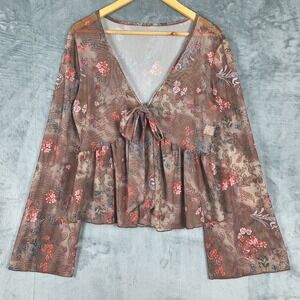 Womens Top XL Floral Paisley Boho Flare Sleeve Tie Front Babydoll Fairy Festival